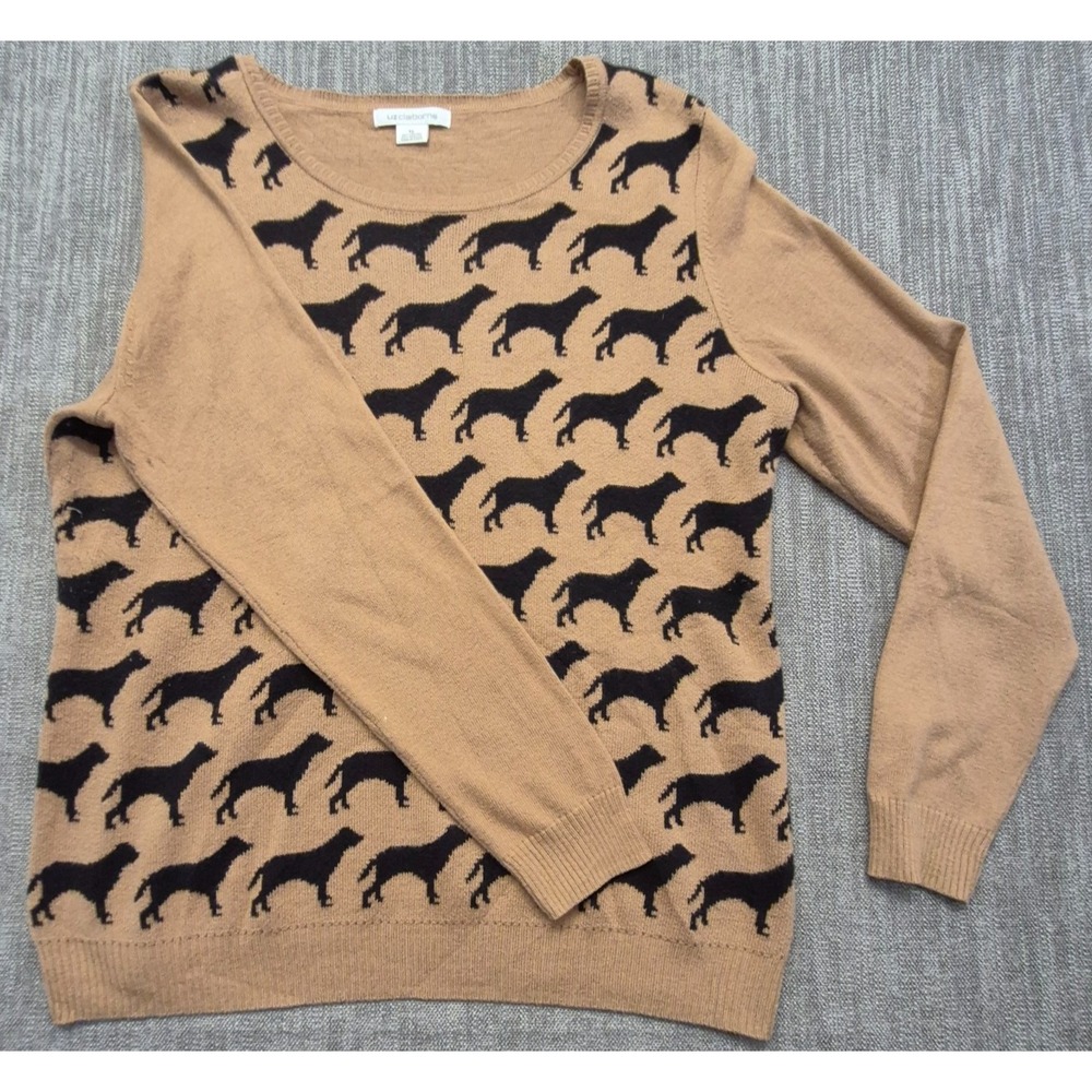 Liz Claiborne Womens XL Dog Print Sweater Tan Black Scottie Novelty Cotton Blend
